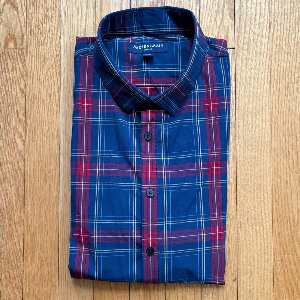 Mizzen+Main Mens Long Sleeve Leeward Shirt Trim No Tuck Fit 2XL Red Blue Plaid